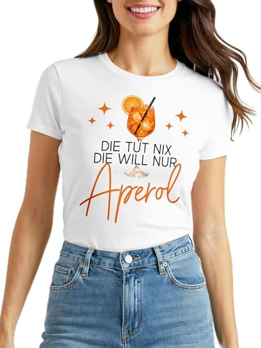 MoonWorks® Damen T-Shirt Spruch - Will nur Aperol - Kostümidee Mädelsabend JGA Mottoparty Fasching Karneval After Work Party