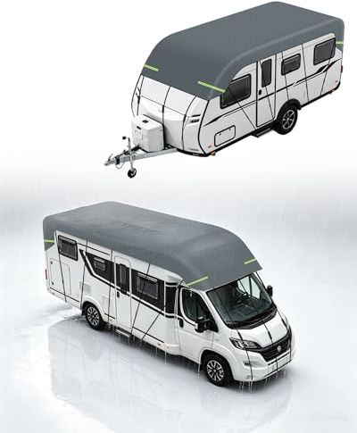 OlaVeg 6,5x3m Wohnwagen Abdeckung Dach Abdeckplane Wohnwagen wasserdicht Wohnwagen Schutzhülle Dach 170G Vliesstoff Schützt vor UV Regendicht mit Reflektorstreifen