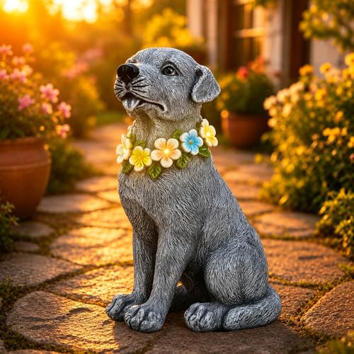 Yeomoo Solar Hundefigur mit Beleuchtetem Blumenkranz Gartendeko Grau 22CM | Wetterfeste Harz Sitzender Dogs Solar Gartenfigur für Außen - Besonderes für Tierliebhaber Hude Zimmer Balkon Terrasse Deko