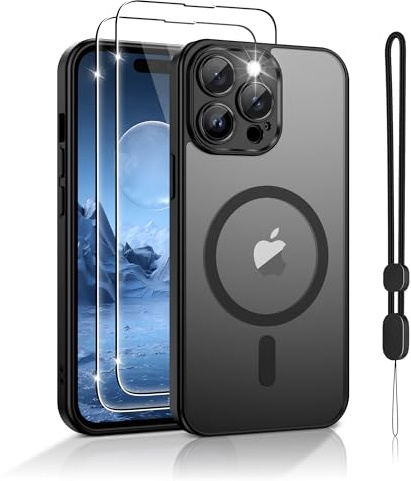 Jshru Magnetic for iPhone 14 Pro Max Case,Compatible with Magsafe,with Lanyard and HD Screen Protectors,[Durable & Sturdy] Slim Translucent Protective Cover,iPhone 14 Pro Max 6.7''-Black