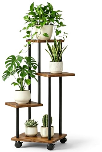 JNUYISW Pflanzenständer für den Innenbereich, 4 Etagen Pflanzenregal aus Holz und Metall mit 4 Rollen Blumenständer Modern Blumentopfhalter Mehrstöckig Pflanzentreppe für Innen Garten Balkon Deko