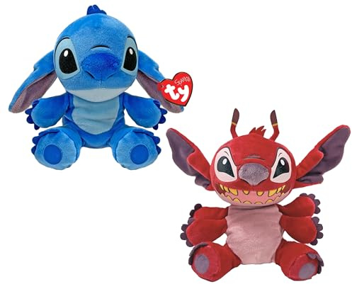 TY Floppy - Disney Lilo & Stitch, Set Zwei Stitch und Leroy, Weiche Plüschtiere zum Sammeln, Geschenkidee für Groß und Klein, 20 cm, 38700ABS