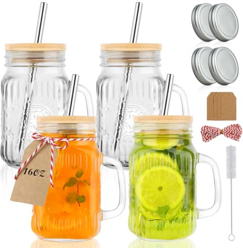 HAYHOI Glass Handles Mason Jar Drinking Cups Iced Coffee Mugs 480ML/16 oz | Set of 4 with Straws & Bamboo Lids & Airtight Caps, Pint Vintage Drink Jars Tumbler for Smoothie Juice Latte Cold Drinks