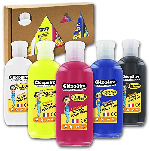 CLEOPATRE – Peinture Gouache – Coffret de 5 flacons de 100ml – Couleurs Primaires - Couvrante et Facile à Nettoyer - École et Loisirs Créatifs pour Enfant