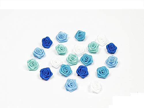 Rosen 15 mm x 20 Stück Satinrosen Aufnäher Deko Blumen Röschen zum Basteln Haarschmuck kleine Rosenköpfe Farbe: MIX-BT/blau türkis hell türkis weiß