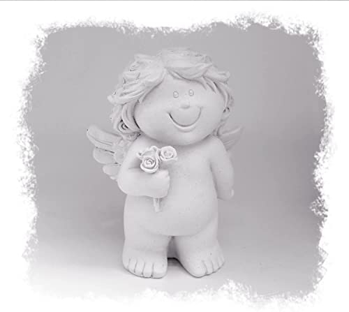 TEMPELWELT® Deko Figur Engel Schutzengel Mit Blumen 9,5 cm, Polystein Weiß, Dekofigur Babyengel Rubensengel Engelkind Dekoengel Liebesengel Rosen Geschenk