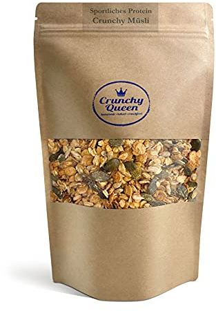 Crunchy Queen Sportliches-Protein Granola Knuspermüsli | 25% Protein | Handgemacht | High Protein Müsli | Low Carb Müsli | Vegan | Müsli ohne Zucker | 340g Eiweiß-Müsli