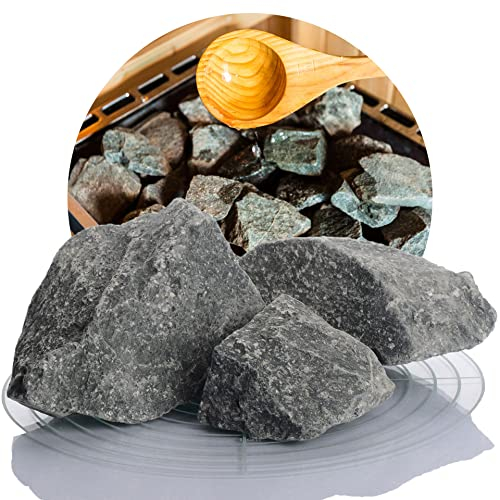 Schicker Mineral Deutsche Saunasteine 25 kg, hochwertige Diabas Aufgusssteine, handverlesen, hohe Widerstandsfähigkeit und Wärmespeicherfähigkeit, für alle Arten von Saunaöfen, 50-110 mm