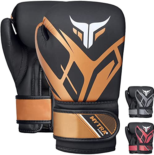 Mytra Fusion Guantoni da boxe per bambini Guanti da boxe per bambini con palmo ventilato Guanti da MMA, Muay Thai, Sparring, Fighting, Punching (Black/Gold, 4-oz)