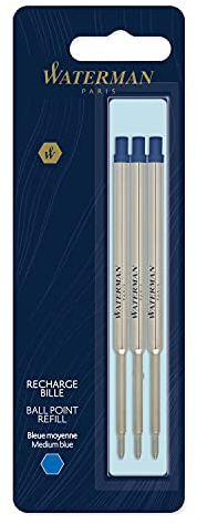 Waterman Ballpoint Pen Refill, Medium Point, Blue Ink, 3 Count