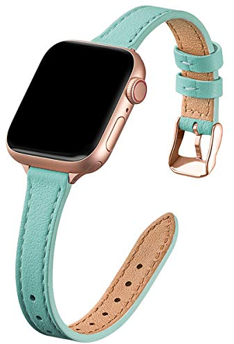 SUNFWR Kompatibel mit Apple Watch Armband 38mm 40mm 41mm,Echtes Ersatz Lederarmband,Schlank und Leicht Armband für die iwatch Serie Ultra/8/7/6/5/4/3/2/1,SE(Tiffany Blau&Roségold)