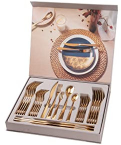 Otto Koning - Berlin - Besteck Gold 6 Personen, Essbesteck Set 30 teilig mit Geschenkbox und Steakmesser, titangoldbeschichtetem und hochglanzpoliertem Edelstahl. EIN modernes Besteck für 6 Gäste.