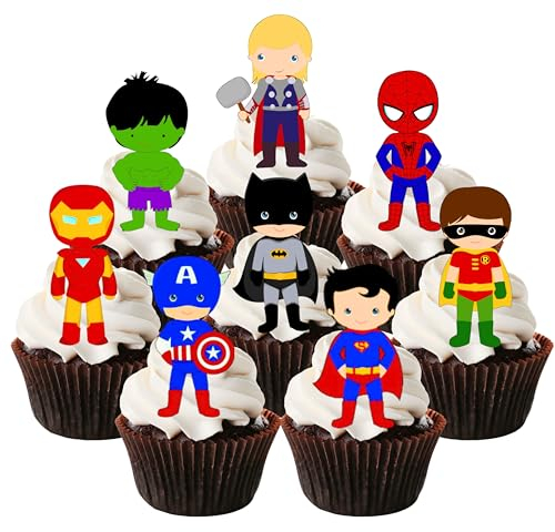 Essbare Cupcake-Topper mit Comicbuch-Helden, lustige, superbetriebene Oblaten-Kuchendekorationen, Thema 1, Action-Figuren-Designs für Geburtstagsfeiern und Themen-Events, 5 cm (vorgeschnitten, 24