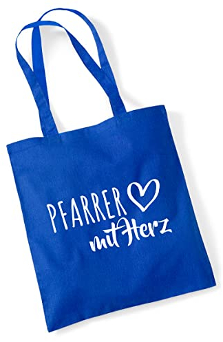Huuraa Tote Bag Pfarrer mit Herz Geschenk 10 Liter Bright Royal Baumwolle Pfarrer Mitbringsel