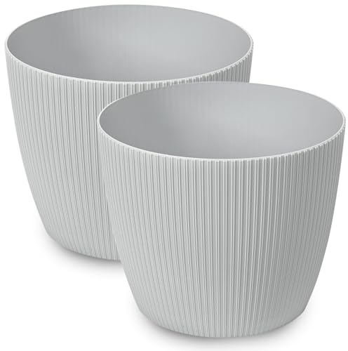 PECZEKO Matte Blumentöpfe - Deko Pflanztopf für Blumen & Kräuter - Langlebige & leichte runde Kunststoff-Pflanzentöpfe für Wohn- & Esszimmer, Küche, Terrasse, Balkon - 2er-Set - (Grau, ø 16 cm)