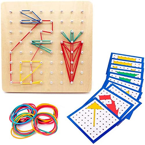 Voarge Lernspielzeug aus Holz,8 x 8 stifte geometriebrett Form Puzzle Brett inspirieren die Phantasie und kreativität des kindes,hölz geoboard mit aktivitäts Muster Karten und Gummi bändern