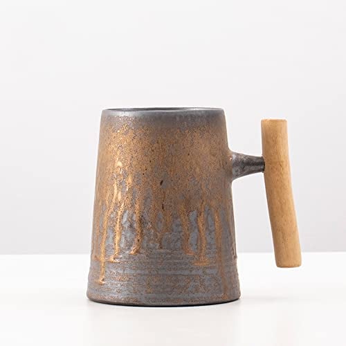 thumbgeek Japanische Vintage-Kaffeetasse mit Holzgriff, Retro-Keramikbecher, 600 ml (Grau B)