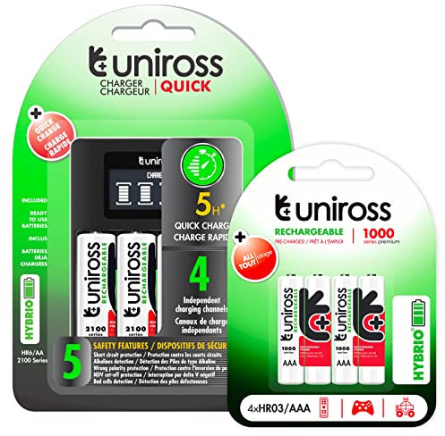 Uniross Chargeur rapide AA/AAA avec 4 batteries rechargeables Hybrio Stilo AA 1,2 V 2 000 mAh + 4 batteries rechargeables Hybrio Ministilo AAA 1,2 V 900 mAh