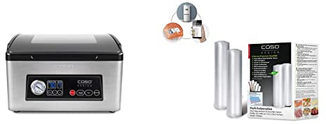 CASO VacuChef 70 - Kammervakuumierer aus Edelstahl, starke Vakuumpumpe 70 Liter/Minute & Profi- Folienrollen 20x600 cm / 2 Rollen, für alle Vakuumierer, BPA-frei, sehr stark & reißfest ca. 150µm