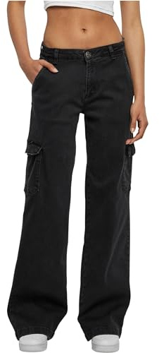 Urban Classics Damen Hose Ladies High Waist Straight Denim Cargo Pants Black Washed 31