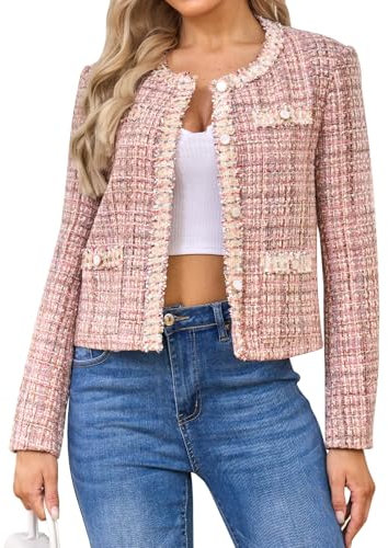Xaspee Blazer court en tweed à manches longues et col rond ouvert sur le devant avec bordure en dentelle légère à carreaux pour femme, rose, X-Small