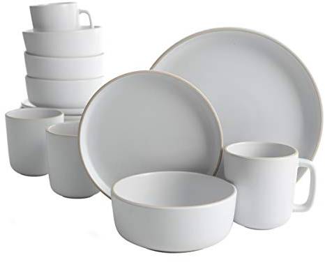 Gibson Home Zuma - Vajilla redonda de cocina de 16 piezas, platos, cuencos, tazas, servicio para 4, cerámica mate, color blanco