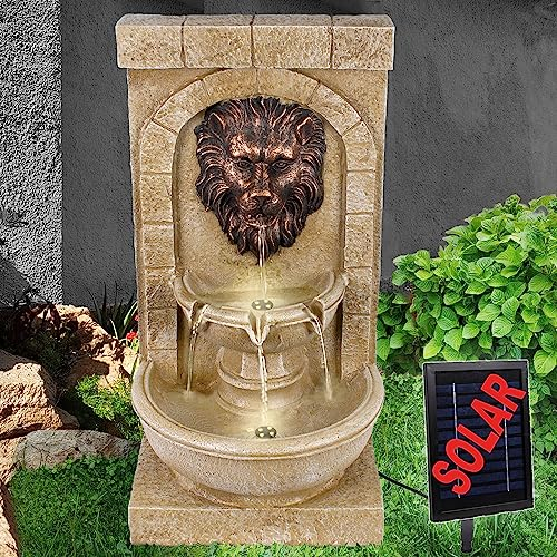Solar Gartenbrunnen Brunnen Zierbrunnen Zimmerbrunnen Springbrunnen Brunnen mit LED-Licht, Wasserfall Wasserspiel für Garten (Solarbrunnen LÖWENHERZ mit LED-Licht)