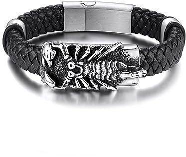 GoldChic Herren Lederarmband Personalisierte Männer Jungen Armbänder schwarz mit Skorpion Vikinger Herrenarmband Lederband Armschmuck 21cm lang