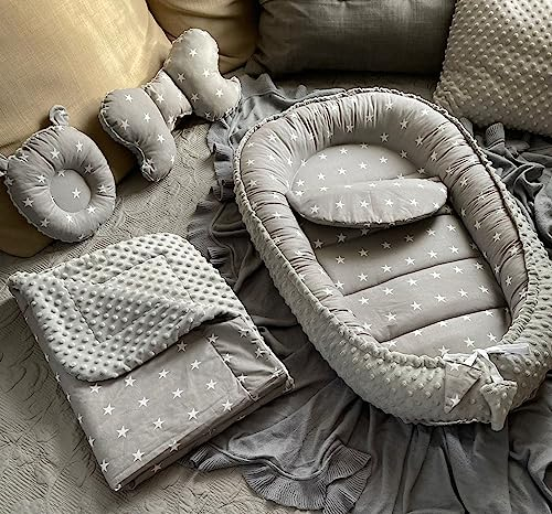 STERNE Grau/MINKY Grau Polar Fleece Baumwolle Babynest Neugeborene Baby Unterlage Reisebett Nestchen SOLO/o.in Ausstattung SETS (Nestchen + DECKE (80x100cm) + MATRATZE + 2 x Kissen)