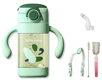 SONARIN Baby Trinklernbecher,300 ml Baby Strohhalmbecher Trinkbecher Schnabeltasse mit Strohhalm Kleinkinder Auslaufsichere Trinkflasche mit Griffigen Griffen & Trageriemen(Grün)