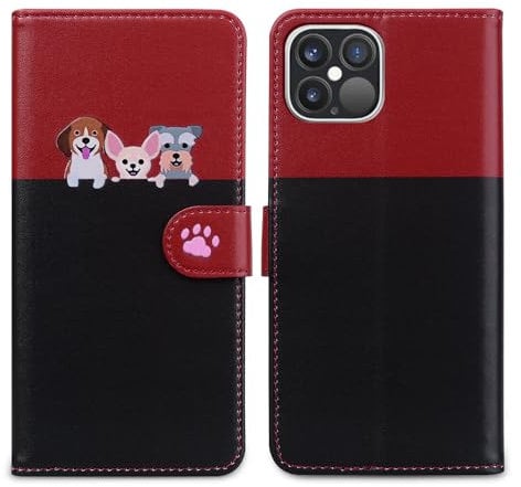 Nbziyoo Phone Case for iPhone 12,Cartoon Cats/Dogs Patterns Flip Wallet Case with Card Slots, Premium Magnetic PU Leather Cover Case for iPhone 12 Pro, Black