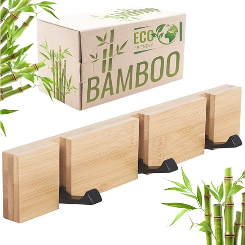 RICOO Patère Murale Design MH023S-N avec 3 Crochets Rétractables, Porte Manteau Mural Bois, Idéal comme Patères Portemanteaux pour Entrée, Bambus Naturel, 2x30x5,5cm
