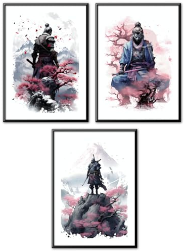 MJ-Graphics | Poster Set Japan Samurai Krieger Wohnzimmer & Schlafzimmer | 3x Din A3 300g Qualitätsdruck | Meditation Zen | Blau-Rosa Wanddeko ohne Rahmen