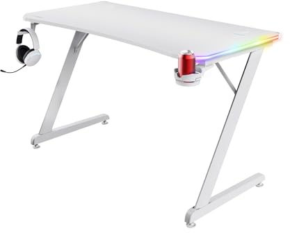 Trust Gaming GXT 709W Luminus RGB Gaming Tisch mit LED Beleuchtung, 10 Modi, USB-Betrieb, Gaming Schreibtisch Weiß mit Headset und Getränkehalter, Computertisch 120 x 60 für Büro, Gamer