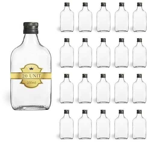 Espirito Rebelde 20x Bouteilles en Verre 250ml Style Flasque à Alcool avec Bouchon a Vis Noir | Flacon pour Whiskey, Rhum, Liqueur | Fioles de Poche pour Boissons Spiritueuses