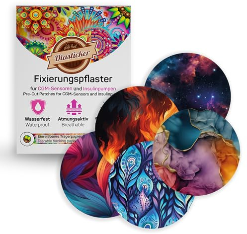 Diasticker® | Overpatch Fixierpflaster (5 Stück, Mix-Colorful) - Freestyle Libre 3, Dexcom G7, Katheter | Wasserfest - Atmungsaktiv - Starker Halt | Sensor-Patch, Fixierung, Tape, Pflaster