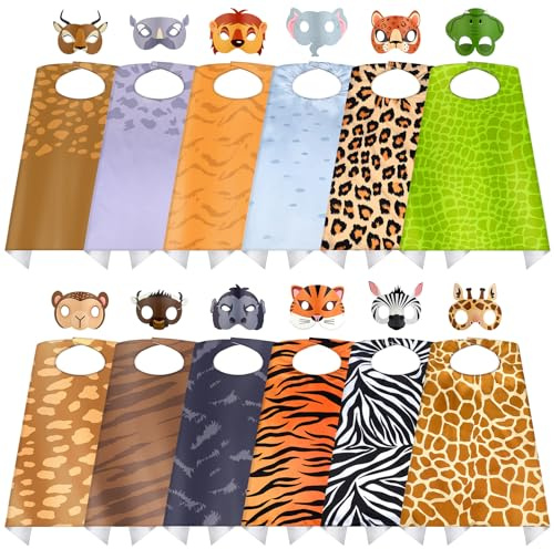 Vertintong 12 Set Safari Animal Mask and Capes Kids Jungle Safari Theme Party favors Cosplay Wild Birthday Decorations Animal Costumes Dress Up Set for Kids Birthday Party Supplies