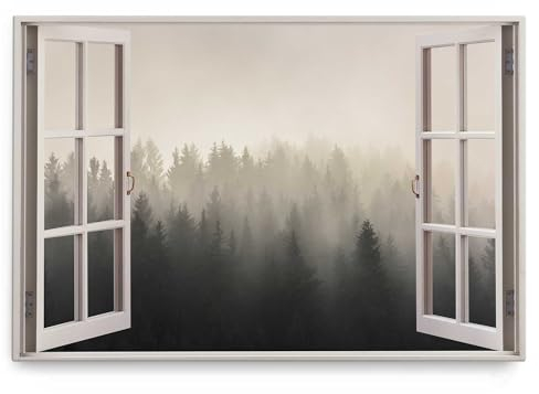 Paul Sinus Wandbild 120x80cm Fensterbild Wald Tannenwald Bäume Nebel Tannen Grau