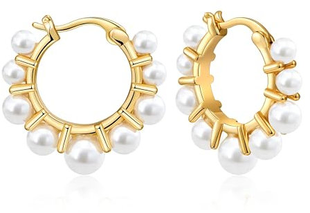 WATEFOER Perlen Ohrringe für Damen Gold Creolen mit Perlen Hypoallergene Sterling Silber Post Perlen Creolen Ohrringe Modeschmuck Geschenke für Valentinstag Hochzeit Geburtstag