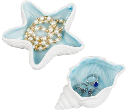 NBEADS 2 Pz Vassoio per Gioielli In Ceramica A Tema Oceano, 2 Stili Piatto per Gingillo con Conchiglia Blu Piatto per Gingillo per Collane Bracciale Anelli Orecchini Gioielli quelliavi per Orologi