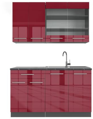 Vicco Singleküche Fame-Line, Bordeaux Hochglanz/Anthrazit, 140 cm, AP Anthrazit