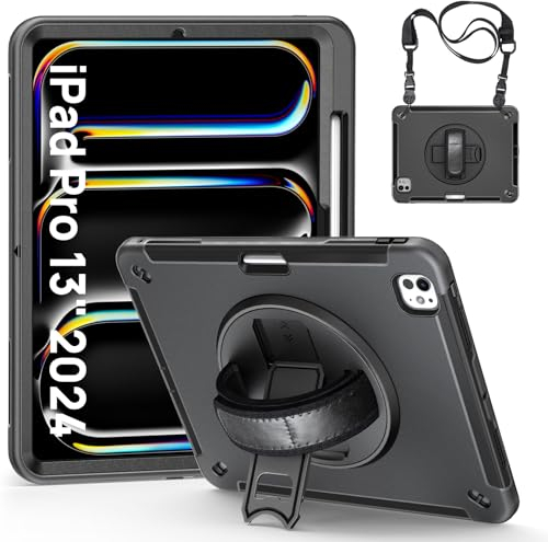Gerutek Funda Anticaída para iPad Pro 13 Pulgadas M4 (2024, 7ª Generación), Carcasa Rugosa con Soporte 360° Giratorio, Correa de Mano/Hombro, Portalápiz, Funda Resistente para iPad Pro 13 2024, Negro