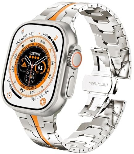 DEALELE Strap Compatible with Apple Watch 49mm 45mm 44mm 42mm, Thin Iron Man Stainless Steel Metal Replacement Bands for iWatch Series 9/8 / 7/6 / 5/4 / 3 / SE/Ultra Women Men,Starlight-orange