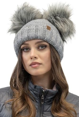 Vivisence Winter Mütze Mit Zwei Bommel Für Damen Aus Wärmendem Garn Mit Antistatischer Wirkung Bommelmütze Aus Weichem Innenfutter Perfekte Passform Für Kalte Wintertage Modell, Hellgrau,Einheitsgröße