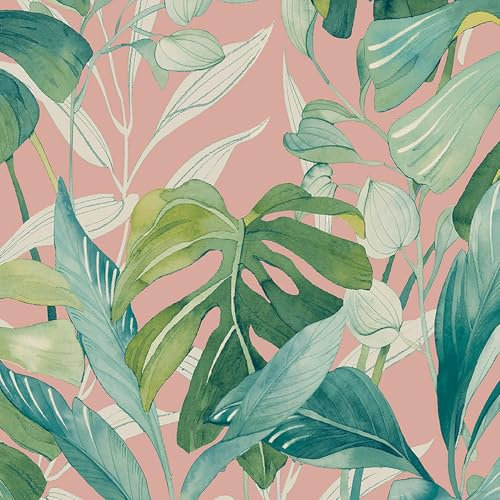 Conservatory Pink Wallpaper - Palm Leaf Tropical Leaves Botanical Naturistic - Textured Stylish Paste The Wall Vinyl