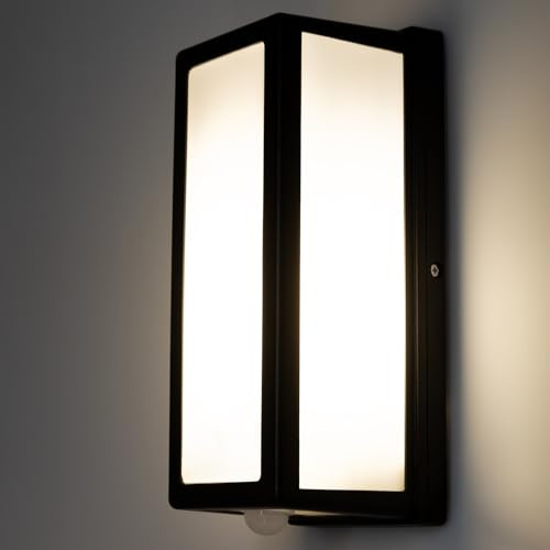 Lumiled Außenwandleuchte Wandlampe Außenleuchte Außenbeleuchtung Wandleuchter Gartenleuchte Terrasse IP44 schwarz weiß rechteckig spritzwasserdicht Kunstsoff 230V E27 Bewegungssensor