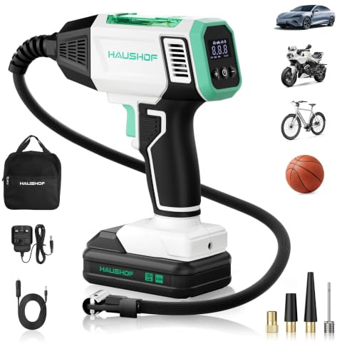 HAUSHOF 20 V 150 PSI Dual Power Tyre Inflator | Rechargeable & 12 V DC Car Power, LED Light, 4 Nozzles, Fast Inflation Pump