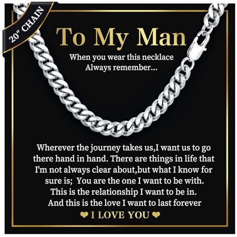 Mens Chain Necklace Gifts for Men - 8mm Cuban Chain Necklace I Love You Gift for Him, Men's Jewellery Present for Man Husband Boyfriend Dad Birthday Valentines Day Promise, Mens Gifts Father's Day