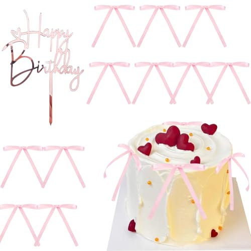 Catelves Happy Birthday Tortendeko Schleifen Rosa, 21 Stück Bogen Tortenaufleger, Cake Topper Hochzeit, Schleifen Tortendeko Geburtstag, Kuchendeko Geburtstag, Bogen für Babyparty Geschenkverpackungen