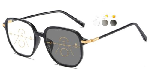 KOOSUFA Selbsttönende Gleitsicht Lesebrille Blaulichtfilter Damen Herren | Großer Quadratischer Rahmen, Photochrome Gleitsichtbrille, Progressive Multifokus, UV-Schutz, Sonnenlesebrille, +1.0 bis +4.0